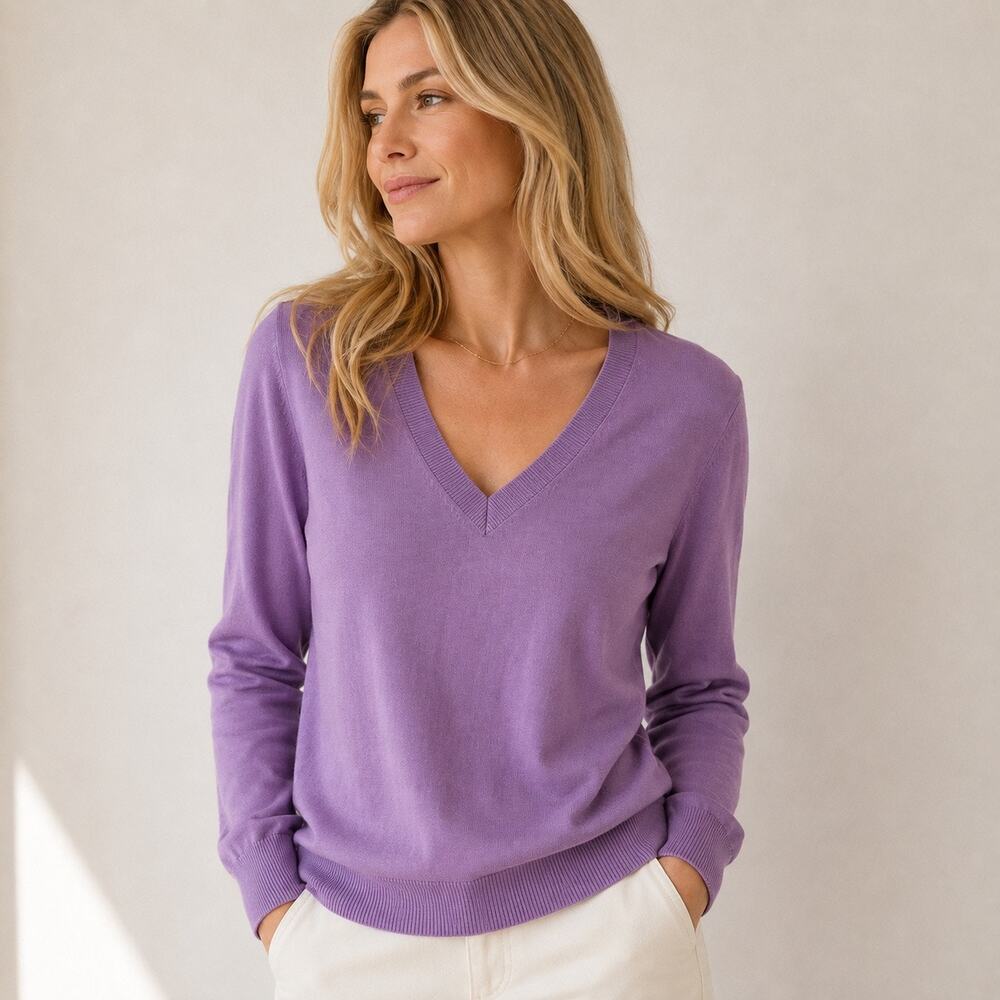 Nordstrom Womens V-Neck Merino Wool Blend Sweater Size L Lavender Long Sleeve